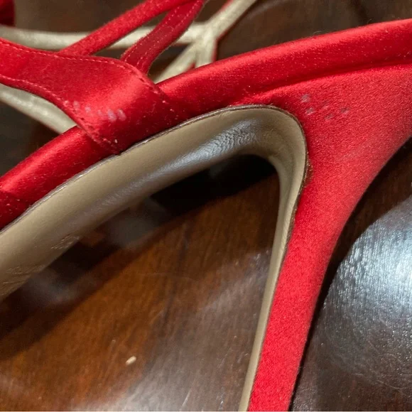 Valentino Garavani Red Satin Strappy Bow Heels, MISMATE, Right 7.5, Left  6.5 - Picture 10 of 13